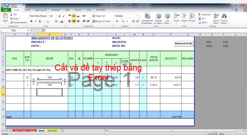 Cắt và đề tay thép bằng Excel