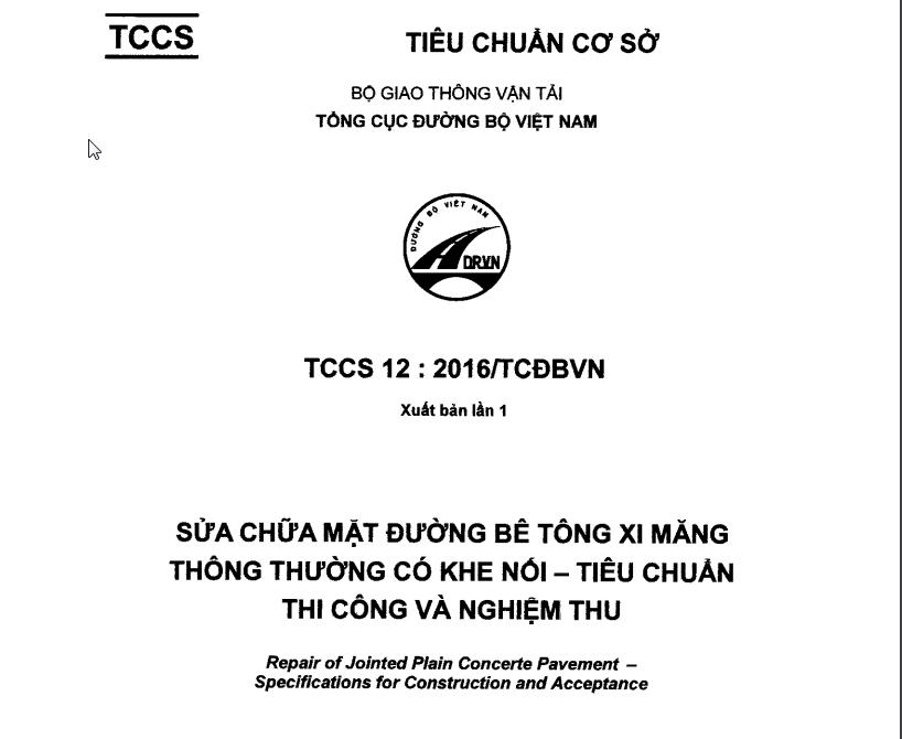 TCCS 12: 2016/ TCĐBVN - Sửa chữa mặt đường bê tông xi măng thông thường có khe nối